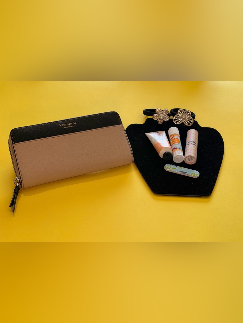 kate spade Blush Pink & Black Zip Continental Wallet& beauty bundle